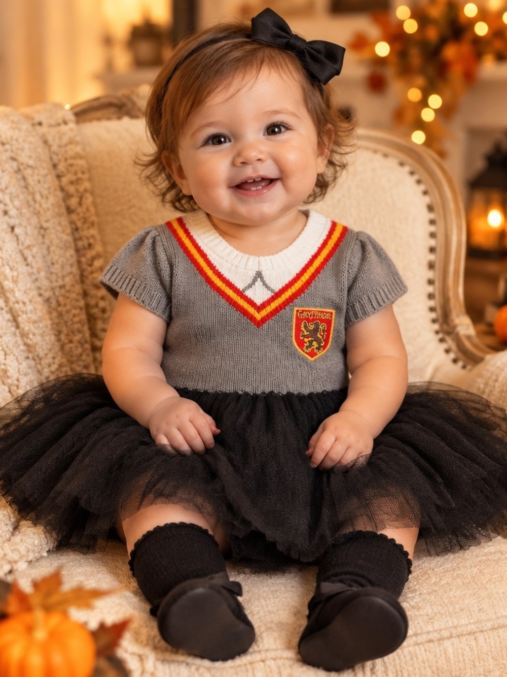 Gray and Black Baby Halloween Costume Dress with Gryffindor-Inspired Crest